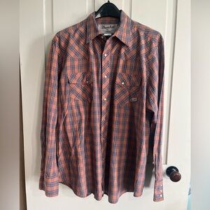 Wrangler Men's Orange and Blue Plaid Shirt